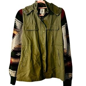 Thread & Supply XS Olive Utility Jacket with Patterned Knit Sweater Sleeves